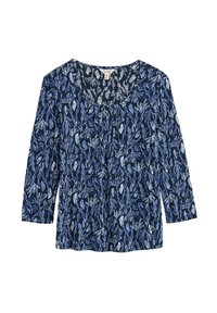 Granatowa bluzka z długim rękawem z kwiecistym wzorem w jasnym niebieskim i białym kolorze, z okrągłym dekoltem i luźnym krojem. Miękka, teksturowana tkanina.