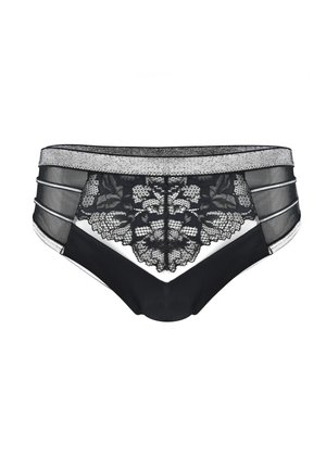 Czarne majtki w stylu bikini z koronkowym przodem w kwiatowe wzory, w kontraście z przezroczystymi bokami z siateczki oraz metalowym paskiem.