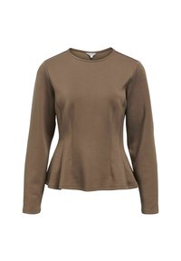 Rjav dolg rokav vrh iz mehkega blaga z okruglim izrezom in peplum robom, ki ima subtilne šivane detajle na ramenih.