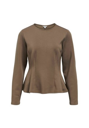 Pruun pikkade varrukatega topp, mis on valmistatud pehmest kangast, ümarate kaelustega ja peplum-äärisega, millel on õlgadel peened õmblusdetailid.