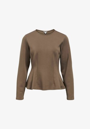 Pruun pikkade varrukatega topp, mis on valmistatud pehmest kangast, ümarate kaelustega ja peplum-äärisega, millel on õlgadel peened õmblusdetailid.