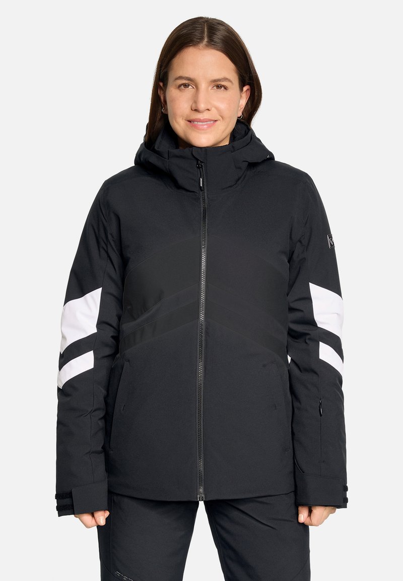 Schwarz isolierte Jacke mit Kapuze. Mit kontrastierenden weißen Streifen und einer glatten, weichen Textur. Frontreißverschluss und mit Reißverschluss versehene Taschen.