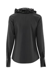 Black long-sleeve shirt with a ruffled collar, smooth texture, buttoned cuffs, and a tailored fit. The back displays a simple design.