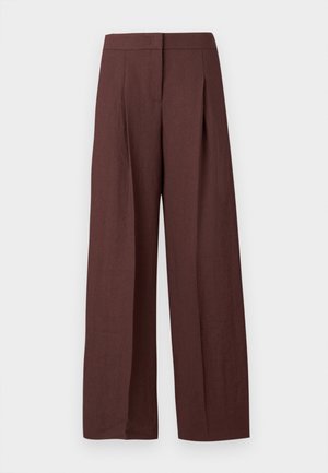 High-waist wide-leg brown trousers with front pleats and a concealed front closure, displayed on plain white background.
