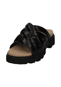 Sandal in pelle intrecciata nera con suola interna beige imbottita e suola esterna nera texturizzata, caratterizzata da ampie cinghie e design piatto.