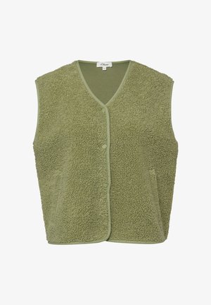 Jasnozielona, bezrękawnikowa, zapinana na guziki, miękka kamizelka z zaokrąglonymi krawędziami i dwoma bocznymi kieszeniami.