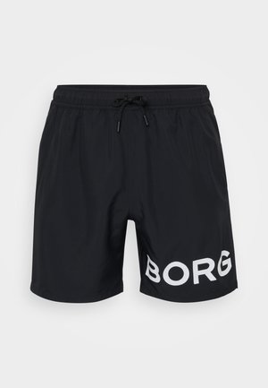 Shorts de bain noirs avec une taille élastique, cordon de serrage ajustable et logo "BORG" blanc sur la jambe gauche. Texture de tissu lisse, longueur mi-cuisse.