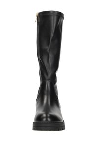 Zwarte leren kniehoge laarzen met een gladde afwerking, een zijrits en een stevige rubberen zool. Heeft een ronde neus en minimale stiksels.