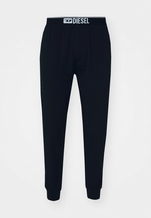 Black jogger pants made of soft fabric, featuring elastic waistband with "DIESEL" logo, tapered legs, and ribbed cuffs.