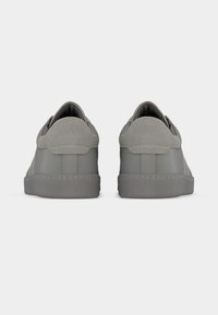 Paire de baskets basses grises vues de dos sur un fond blanc, mettant en évidence les détails du talon et de la semelle.