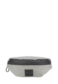 Borsa in tessuto grigio con rifiniture in materiale sintetico nero, caratterizzata da una superficie textured e un'etichetta con logo. Forma arrotondata e chiusura con zip per un accesso facilitato.