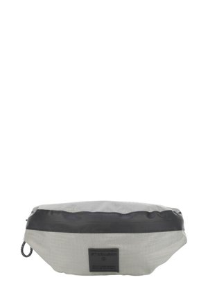 Borsa in tessuto grigio con rifiniture in materiale sintetico nero, caratterizzata da una superficie textured e un'etichetta con logo. Forma arrotondata e chiusura con zip per un accesso facilitato.