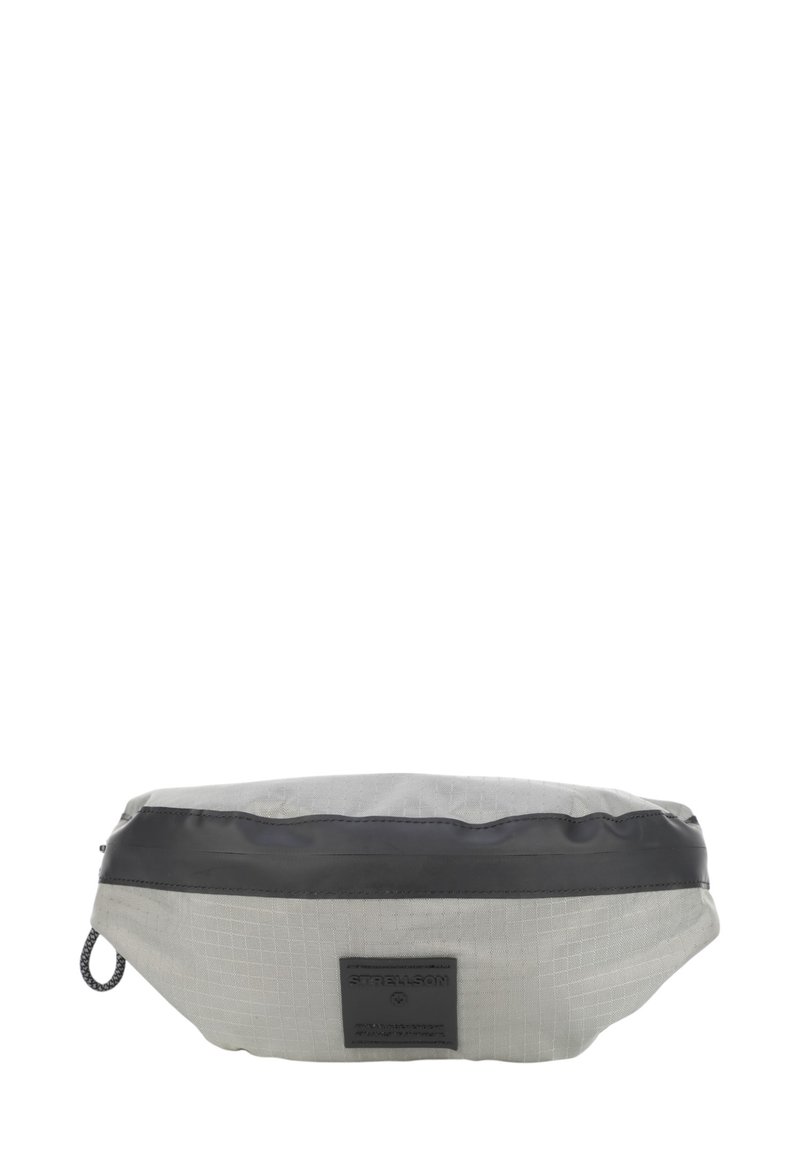 Borsa in tessuto grigio con rifiniture in materiale sintetico nero, caratterizzata da una superficie textured e un'etichetta con logo. Forma arrotondata e chiusura con zip per un accesso facilitato.