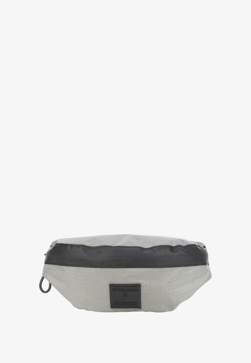 Borsa in tessuto grigio con rifiniture in materiale sintetico nero, caratterizzata da una superficie textured e un'etichetta con logo. Forma arrotondata e chiusura con zip per un accesso facilitato.