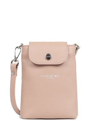 Pink leather crossbody bag with a textured finish, snap closure, adjustable strap, and silver tab detail featuring brand name.