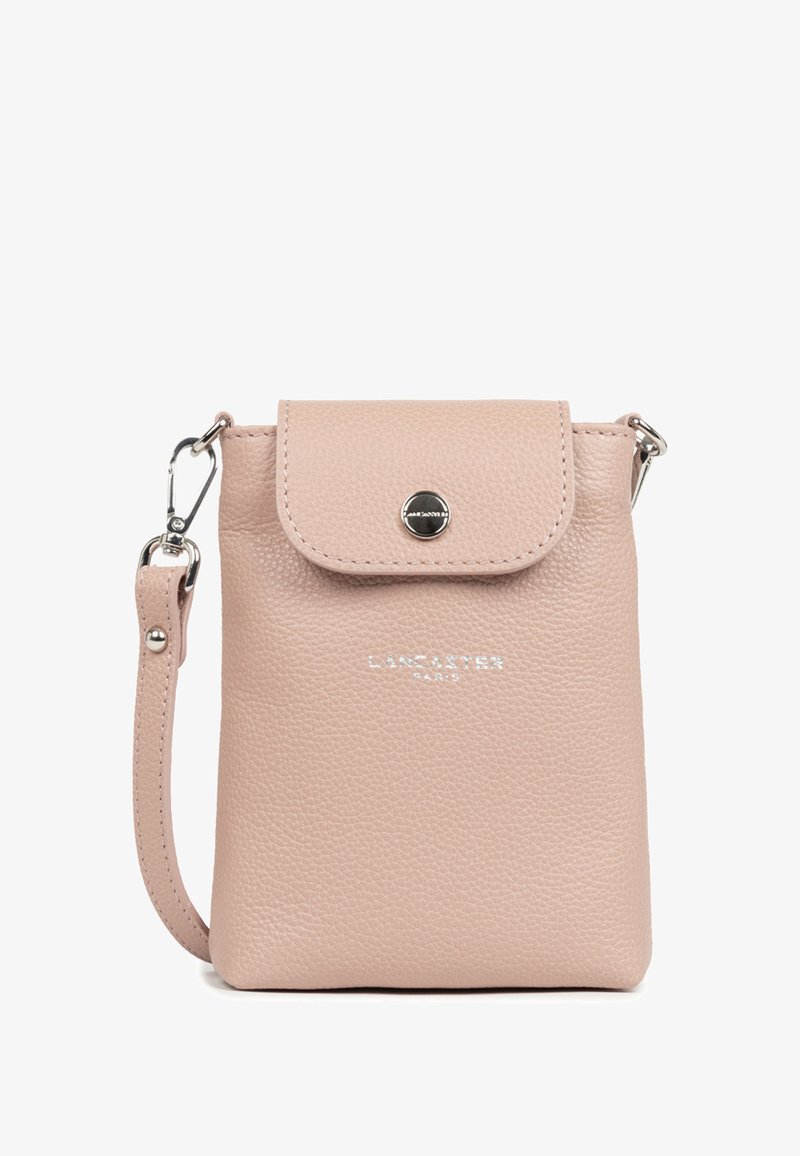 Borsa a tracolla in pelle rosa con finitura texture, chiusura a scatto, tracolla regolabile e dettaglio in argento con il nome del marchio.