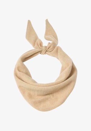 Beige blødt stof halsedisse bundet i en løs knude med to spidse ender på en hvid baggrund.