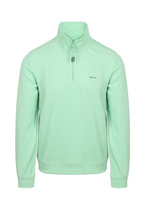 Lichtgroene, lange mouw pullover met een hoge kraag en een halve rits. Heeft een klein zwart logo op de borst en geribbelde manchetten.