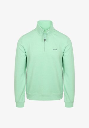 Hellgrüner Pullover mit langen Ärmeln, hohem Kragen und halbem Reißverschluss. Verfügt über ein kleines schwarzes Logo auf der Brust und gerippte Bündchen.