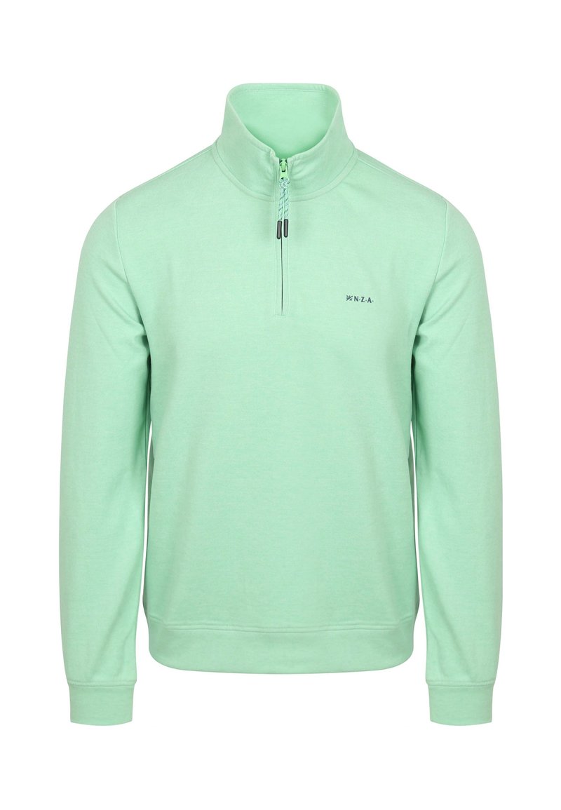Lichtgroene, lange mouw pullover met een hoge kraag en een halve rits. Heeft een klein zwart logo op de borst en geribbelde manchetten.