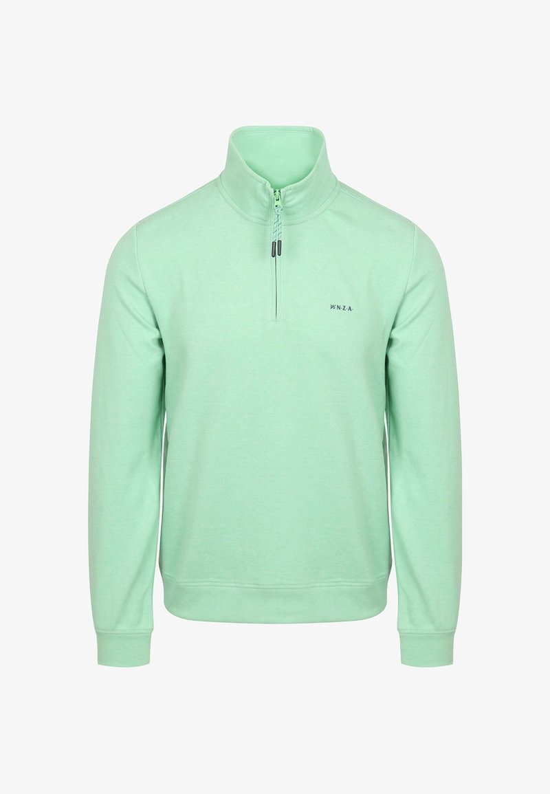 Lichtgroene, lange mouw pullover met een hoge kraag en een halve rits. Heeft een klein zwart logo op de borst en geribbelde manchetten.