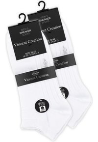Herren Sneaker-Socken aus weißer Baumwolle. Mit gerippter Oberfläche, Größenlabel (39-42) und schwarzer Verpackung mit Marken- und Mengendetails.