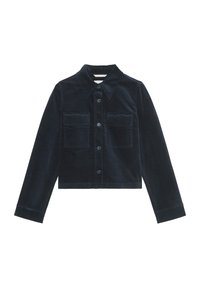 Tmavě modrý manšestrový kabátek s dlouhými rukávy, uzavíráním na knoflíky, špičatým límečkem a dvěma předními náprsními kapsami. Hladká textura s matným povrchem.