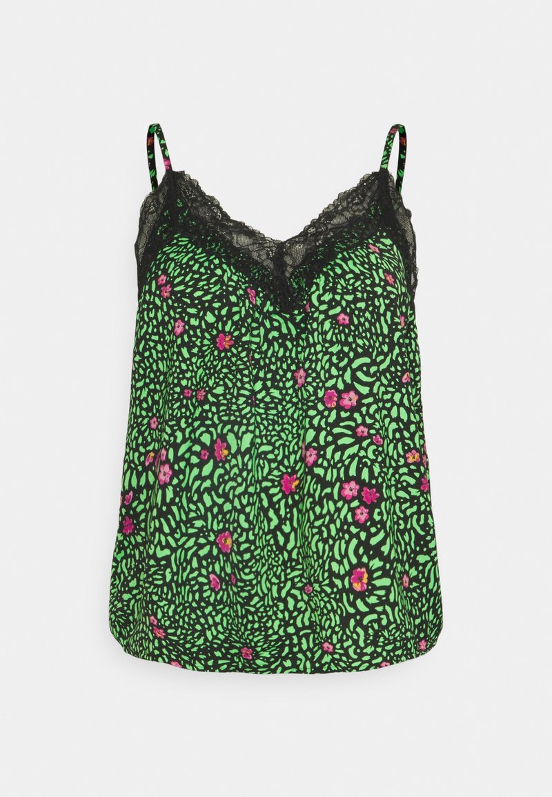 Camisole verte à motif floral avec bordure en dentelle noire et bretelles, présentant des fleurs roses et violettes sur un dessin de feuilles en spirale.