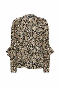 Blouse à manches longues avec motif peau de serpent beige et noir et détails en volants sur le devant et les manches, boutonnée au centre.