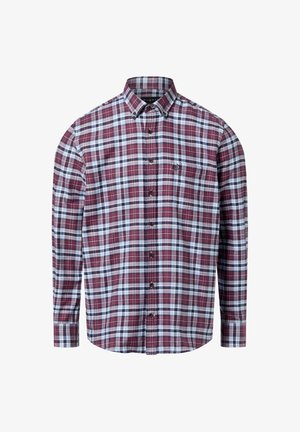 Langärmeliges Kariertes Hemd in Weinrot, Blau und Weiß. Verfügt über einen Kragen mit Knopfleiste, eine Tasche auf der linken Brust und dunkle Knöpfe. Baumwollmischgewebe.
