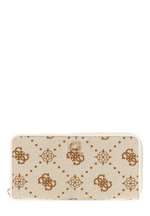 Beige wallet with brown monogram pattern. Features a smooth, textured surface and a silver logo accent on the front. Zipper closure on the side.