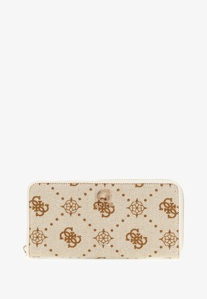 Portafoglio beige con motivo a monogramma marrone. Presenta una superficie liscia e testurizzata e un accento con logo in argento sulla parte anteriore. Chiusura con zip sul lato.