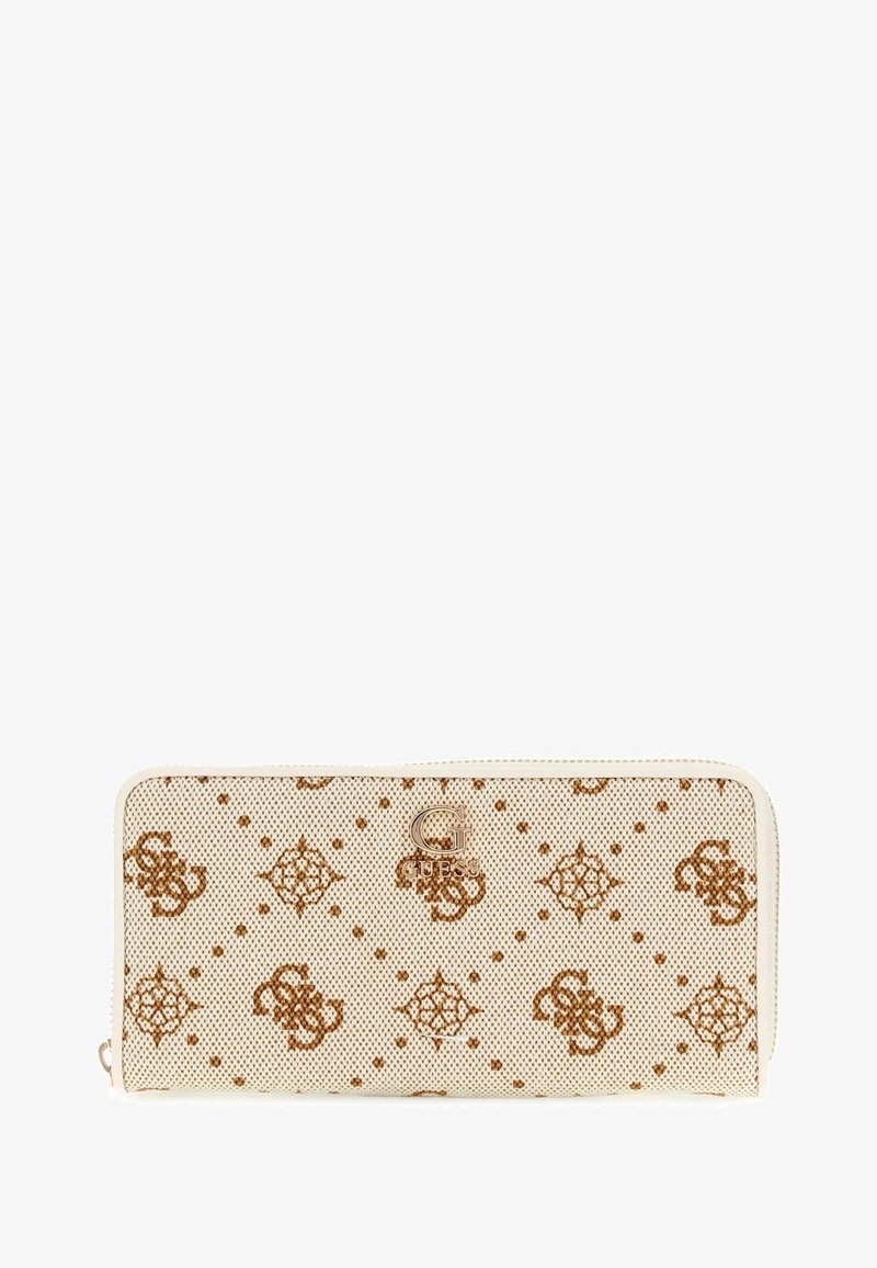 Beige wallet with brown monogram pattern. Features a smooth, textured surface and a silver logo accent on the front. Zipper closure on the side.