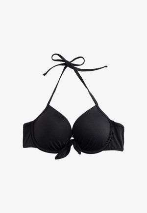Top de bikini negro con copas moldeadas, cuello ajustable y detalle de nudo en la parte frontal. Tela suave con costuras reforzadas.