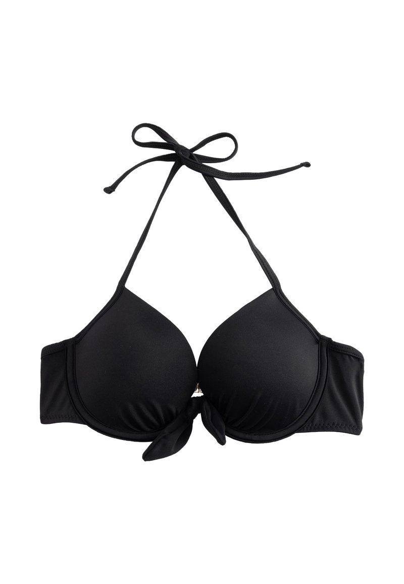 Top bikini nero con coppe modellate, lacci regolabili al collo e dettaglio a nodo frontale. Tessuto liscio con cuciture rinforzate.