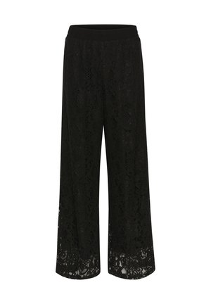 Black lace wide-leg pants featuring a soft elastic waistband and intricate floral patterns throughout, creating a textured, layered effect.