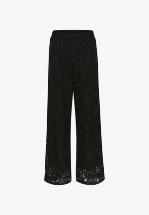 Črne široke hlače iz čipke z mehkobnim elastičnim pasom in zapletenimi cvetličnimi vzorci po celotni površini, kar ustvarja teksturiran, večplasten učinek.