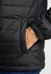 Sort dunjakke med polstret design, elastiske manchetter og en sidelomme. Materialet er glat med en let glans.