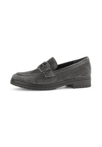 Gray suede loafer with a decorative buckle, featuring a textured surface, contrasting black sole, and a rounded toe design.