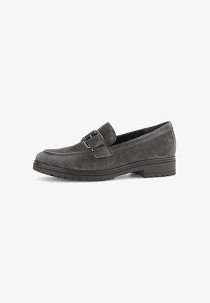 Gray suede loafer with a decorative buckle, featuring a textured surface, contrasting black sole, and a rounded toe design.