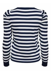 Maglia a maniche lunghe a righe bianche e blu navy con scollo rotondo, caratterizzata da spalle a sbuffo e polsini a coste, realizzata in tessuto morbido e elasticizzato.