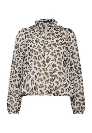 Leopardenmuster Bluse aus leichtem Stoff, cremefarbener Grund mit rost- und braunfarbenen Punkten, mit einem Rüschenausschnitt und langen Puffärmeln.