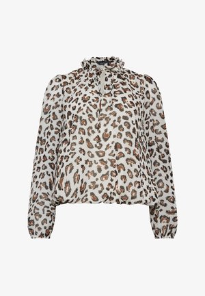 Leopardimuotoinen paita kevyttä kangasta, kermavärinen pohja ruosteenpunaisilla ja ruskeilla täplillä, jossa on muodikkaasti rypyssä oleva kaulus ja pitkät puffihihat.