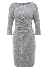 Robe à carreaux gris avec manches trois-quarts, dotée d'une silhouette ajustée et d'un détail froncé à la taille. Tissu tissé texturé.