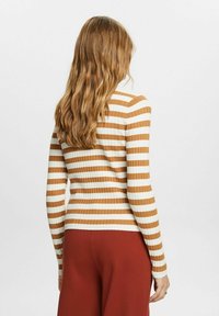 Femme aux longs cheveux ondulés portant un top à manches longues blanc et marron à rayures horizontales et un pantalon couleur rouille, vue de dos.