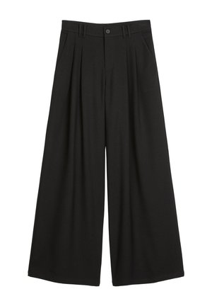 Μαύρο παντελόνι με φαρδιά πόδια, μπροστινές πιέτες, ζώνη με βρόχους και κλείσιμο με ένα κουμπί. Λείο ύφασμα με διακριτή υφή.