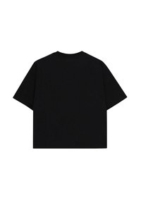 T-shirt noir à manches courtes en coton. Présente un col rond avec une coupe décontractée et sans motifs ni accents visibles.
