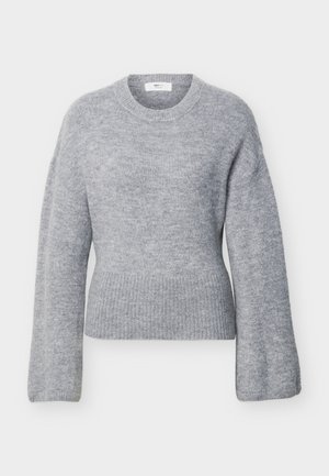 Light gray long-sleeve knitted sweater with ribbed crew neckline, cuffs, and hem, displayed flat on a white background.
