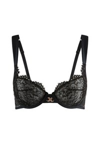 Black lace bra featuring intricate floral patterns, underwire support, and decorative scalloped edges. Includes adjustable satin straps.