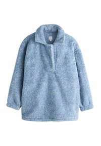 Lyseblå fleecepullover med høj krave, halvlynlås foran og lange ærmer. Blødt, tekstureret stof; afslappet, oversized design.